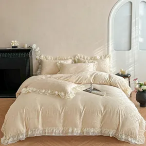 French court style jacquard duvet cover set with delicate chiffon lace ruffles for bedroom