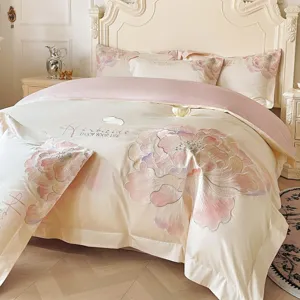 Juego de funda nordica de lujo con bordado floral 4 piezas ropa de cama suave dormitorio
