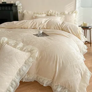 French palace style jacquard bedding set with double chiffon lace ruffles, elegant beige main view.