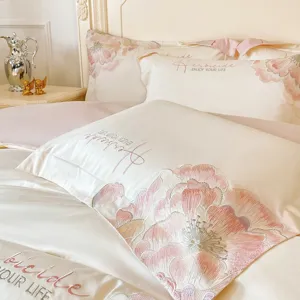 Conjunto de ropa de cama bordada con flores de lujo funda nordica de algodon suave.