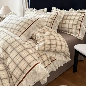 Koreaanse Prinses Stijl Gewassen Katoen Ruitjes Beddengoed Set Met Kantafwerking Schattig Dekbedovertrek Laken Slaapkamer Decor