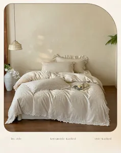French style jacquard cotton linen bedding detail showing elegant lace trim and soft texture.