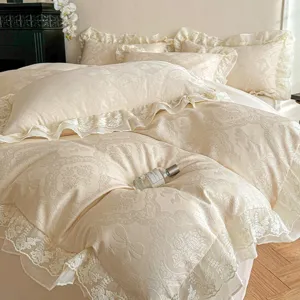 French palace style washed cotton jacquard bedding set with double layer chiffon lace ruffles.