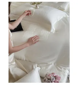 Detailed view of luxury white jacquard bedding set featuring elegant lace patterns.