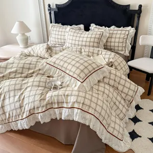 Koreaanse stijl gewassen katoen ruitjes beddengoed set met kanten randen voor gezellige slaapkamer.