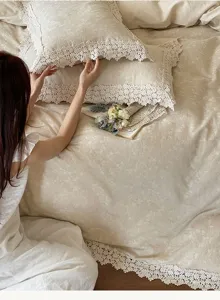 French style jacquard cotton linen duvet cover set with elegant hollow lace trim details.