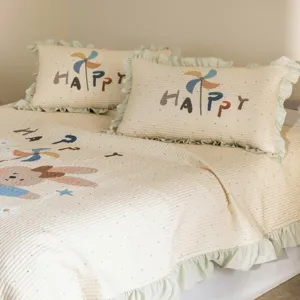 Washed cotton summer quilt with ruffles, double size thin bedding set for girls bedroom cozy style.