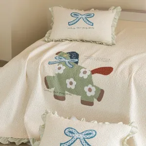 Chic quilted summer air-conditioning quilt with cute pony embroidery, washed cotton bed.