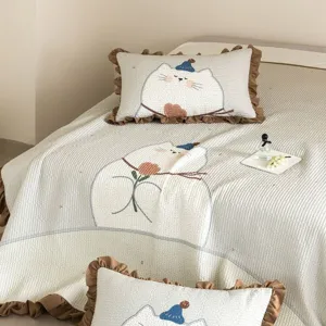Double washed cotton summer quilt set with cute cat embroidery and brown ruffles for bedroom.