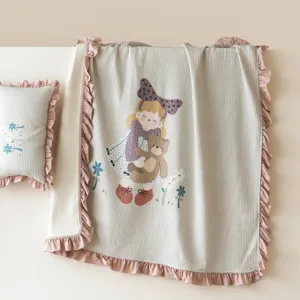 Summer washed cotton air conditioning quilt with cute cartoon girl print and ruffle edges.