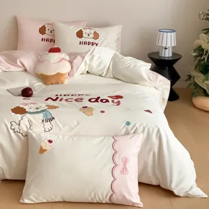 Juego de Cama de Algodón Bordado de Cachorro Lindo Funda Nórdica Suave Sábana Bajera Fundas de Almohada Todas las Temporadas