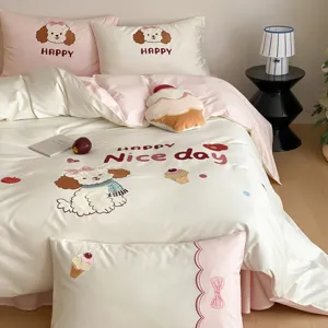 Conjunto de ropa de cama de algodón bordado con diseño de perro tierno para dormitorio acogedor.