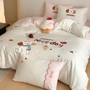 Bonito juego de cama bordado de algodón de cuatro piezas suave funda nórdica infantil