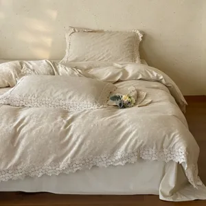 French Jacquard Cotton Linen Bedding Set Hollow Lace Edge Duvet Cover Bed Sheet Pillowcases Home Bedroom Bed Linens