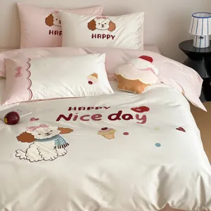 Juego de ropa de cama de algodón bordado de 4 piezas con diseño de cachorro y postre para todas las estaciones.
