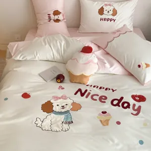 Conjunto de ropa de cama bordada de algodon de 4 piezas con diseno de cachorro para dormitorio.