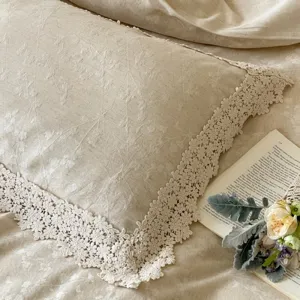 French style jacquard cotton linen pillowcase with elegant hollow lace trim and natural tone.