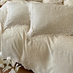 French vintage style jacquard cotton linen bedding set with delicate hollow lace border main