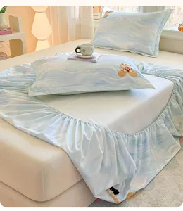 Cotton fitted bed sheet set with watercolor pattern and cute embroidery for all seasons.