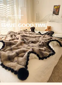 Cozy rabbit plush ripple lace ball blanket cloud velvet single bedding for warm winter sleep.