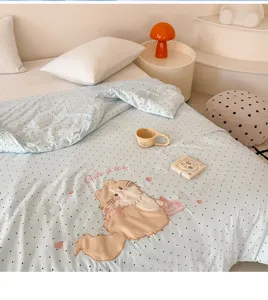 Cute cat embroidery washed cotton summer air conditioning quilt bedroom detail view