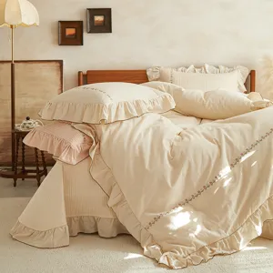 Parure de lit brodée en coton et lin avec volants, couette florale vintage pour chambre.