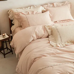 Parure de lit brodée de fleurs en coton lin confortable ensemble 4 pcs housse de couette
