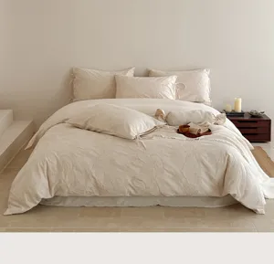 Cozy beige cotton linen embossed jacquard bedding set detail showcasing soft textured fabric style.