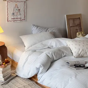 Katoenen gestreept dekbedovertrek set minimalistisch lakenset gezellige slaapkamer