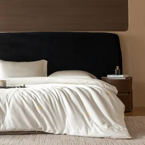 Detailed view of luxury silk duvet with gold embroidered motifs in a modern bedroom setting.