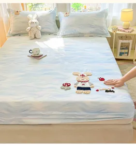 Soft cotton fitted sheet with cute rabbit embroidery, all-season comfortable bed cover.