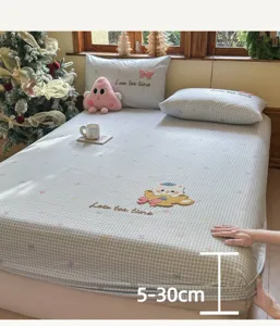 All Cotton Fitted Sheet Cartoon Embroidery Checkered Mattress Protector 5-30cm Depth