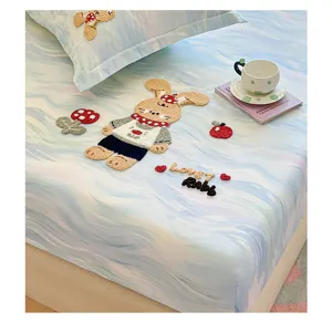 Cotton fitted sheet with cute tufted embroidery rabbit and mushroom design for all seasons.