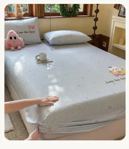 Cotton cartoon fitted sheet with cute embroidery, breathable mattress cover for all seasons.