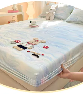 Cotton fitted sheet with cute rabbit embroidery, soft pastel bedding set for all seasons.