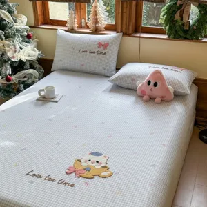 Cute cotton fitted sheet with cartoon towel embroidery, blue grid bed cover, all-season bedding.