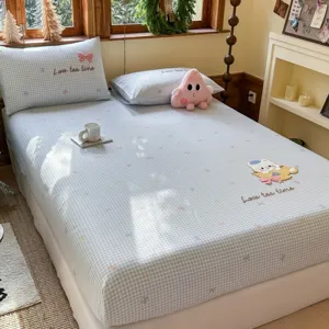 Cotton fitted bed sheet with cute cartoon embroidery and plaid design for all seasons.
