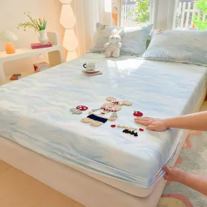 Cotton fitted sheet with cute rabbit embroidery, soft blue wave pattern bedding for all seasons.