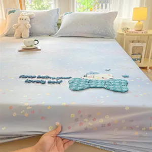 Cotton fitted sheet with cute cartoon embroidery, soft breathable bedding for all seasons.