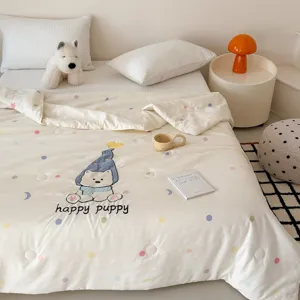 Washed cotton cute cartoon summer quilt with colorful dots and sweet puppy embroidery design.