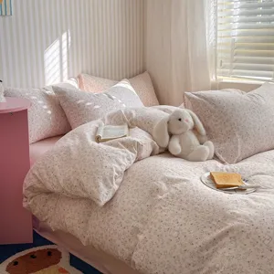 Set de cama de algodón con flores rosas de 4 piezas, funda nórdica y fundas de doble gasa muy suave.