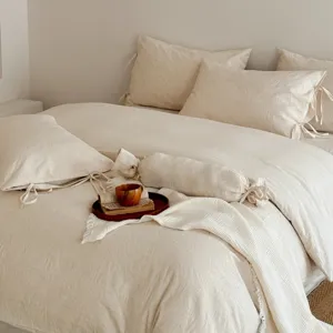 Minimalist cotton linen 4-piece bedding set soft breathable duvet cover and pillowcases