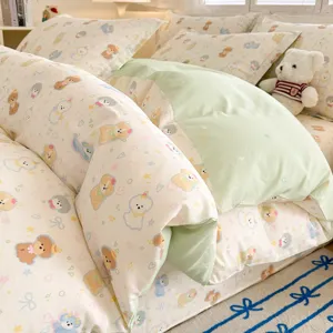 Ins Style Pure Cotton Duvet Cover Bed Sheet Cartoon Animal Floral Printed Bedding Set For Bedroom Home