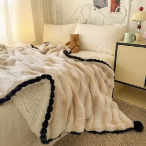 Soft Faux Rabbit Fur Throw Blanket with Pom Pom Ball Trim Wavy Pattern Luxury Warm Cozy Bed Blanket for Bedroom Living Room