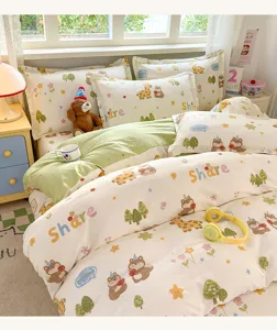 Xinjiang pure cotton bedding set detail view featuring cute cartoon bear and flower prints.
