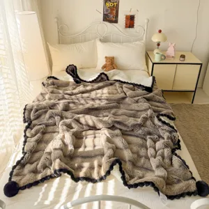 Plush ripple ball fringe fuzzy blanket, soft luxury single bed throw for cozy bedroom decor.