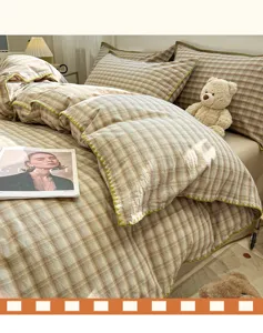 Conjunto de funda nórdica de algodón a cuadros ropa de cama vista detallada elegante