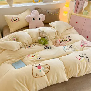Cream yellow milk velvet bedding set with cute towel embroidery duvet cover and bed sheets