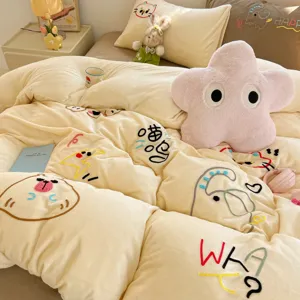 Cream yellow fleece duvet cover set with cute embroidery, cozy winter bedding set.