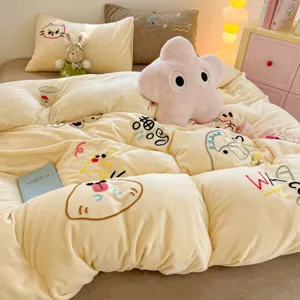 Cream yellow milk velvet bedding set, soft double-sided coral fleece duvet cover for cozy bedroom.